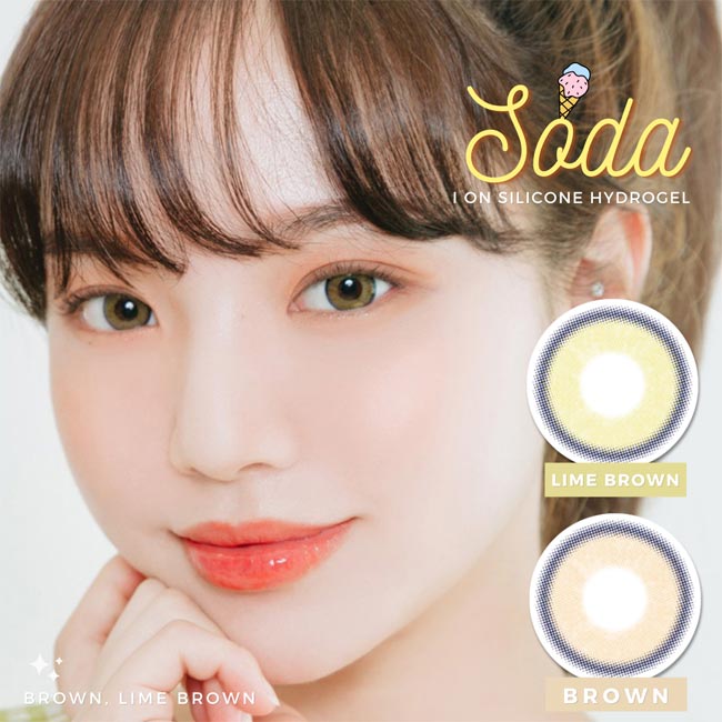 Silicone hydrogel soda on brown, lime brown contacts